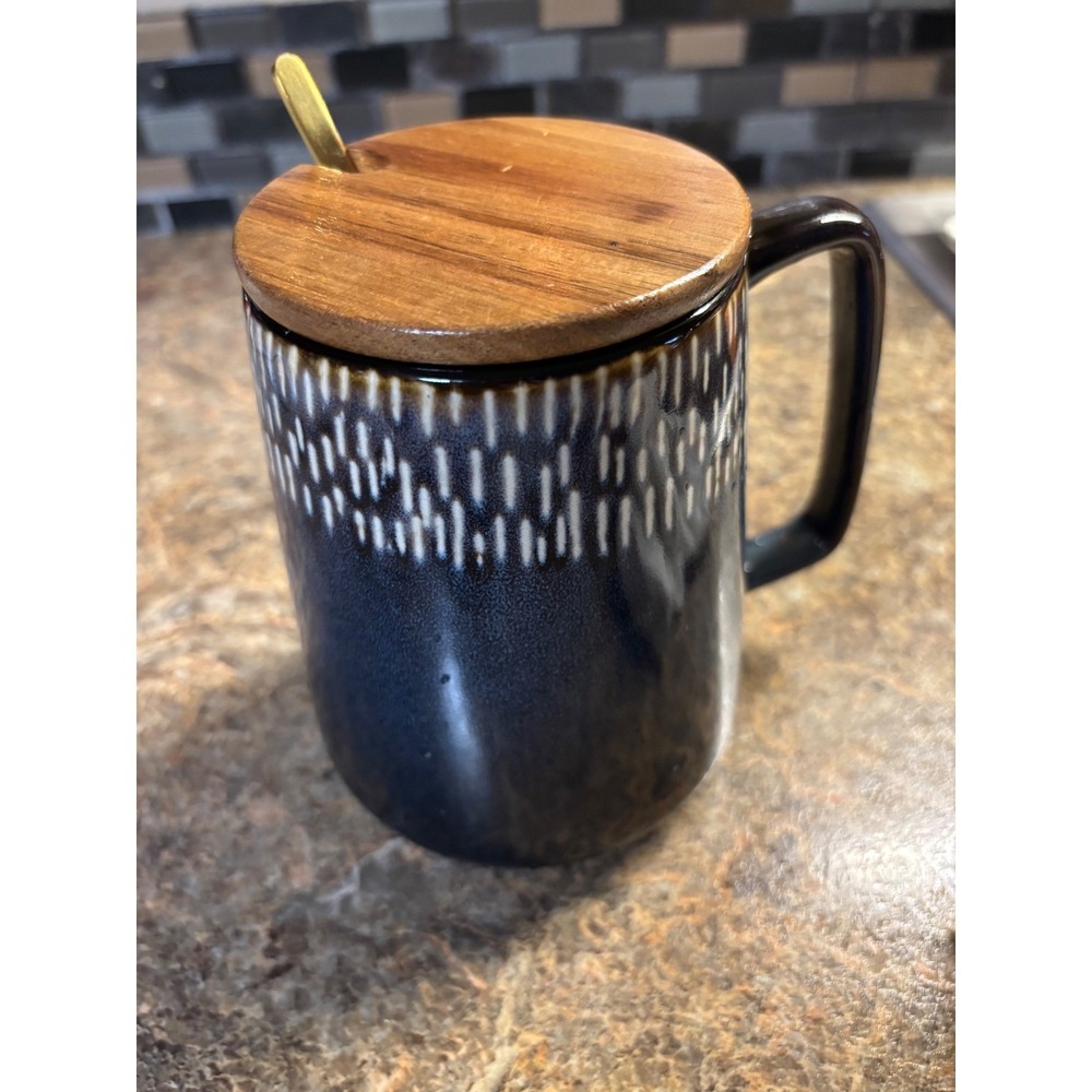 Modern Navy Blue Ceramic Coffee Mug with Wood Lid and Gold Spoon Reactive Glaze